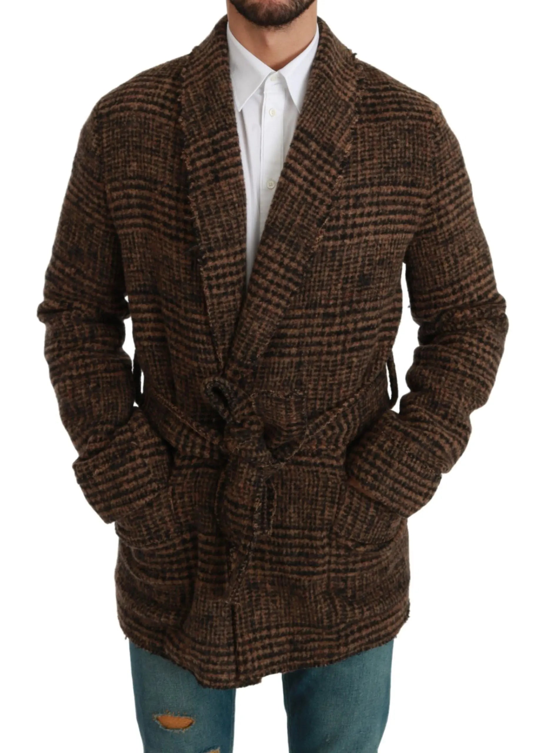 Dolce & Gabbana Brown Checkered Wool Robe Coat  Wrap Jacket - Zeiniez