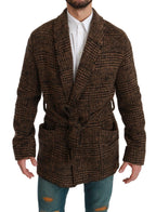 Dolce & Gabbana Brown Checkered Wool Robe Coat  Wrap Jacket - Zeiniez