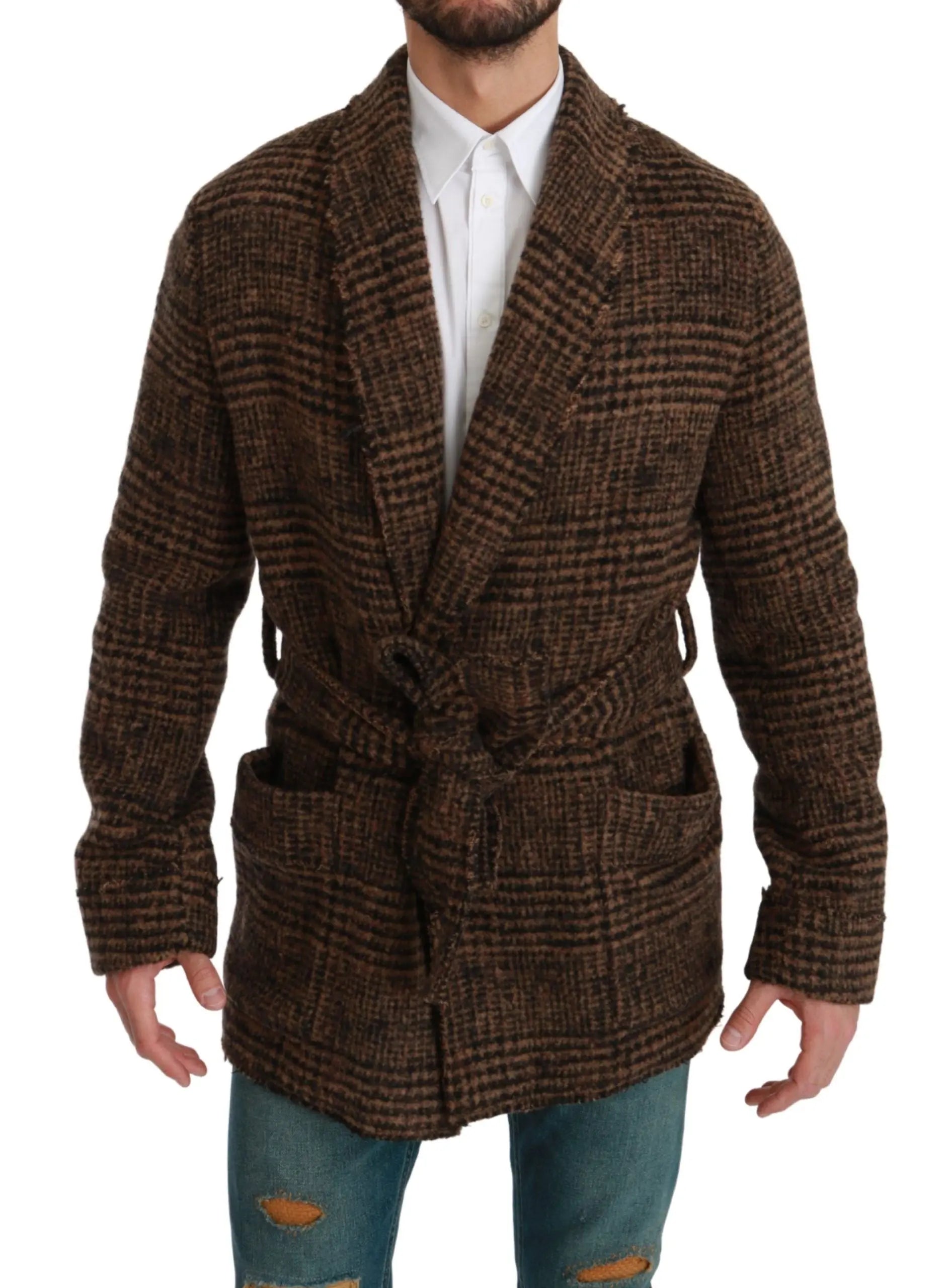 Dolce & Gabbana Brown Checkered Wool Robe Coat  Wrap Jacket - Zeiniez