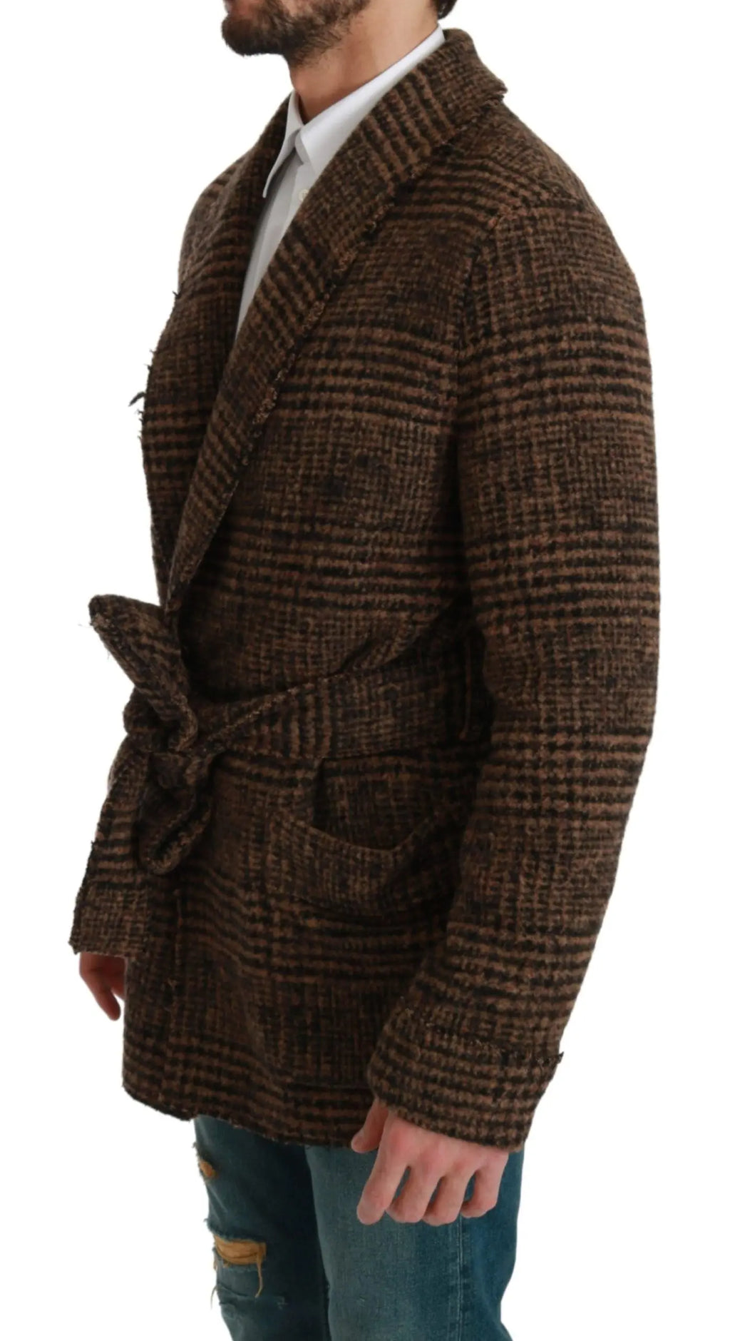 Dolce & Gabbana Brown Checkered Wool Robe Coat  Wrap Jacket - Zeiniez