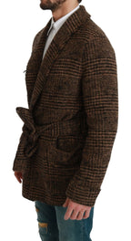 Dolce & Gabbana Brown Checkered Wool Robe Coat  Wrap Jacket - Zeiniez