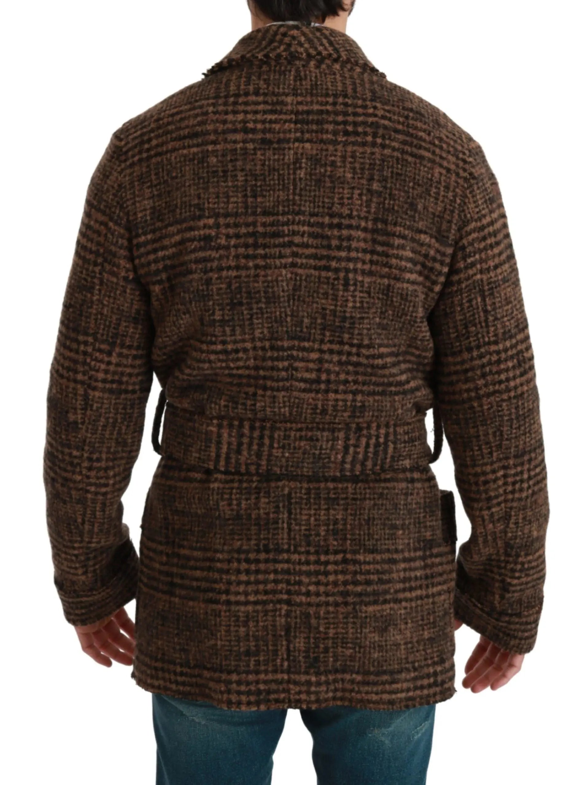 Dolce & Gabbana Brown Checkered Wool Robe Coat  Wrap Jacket - Zeiniez