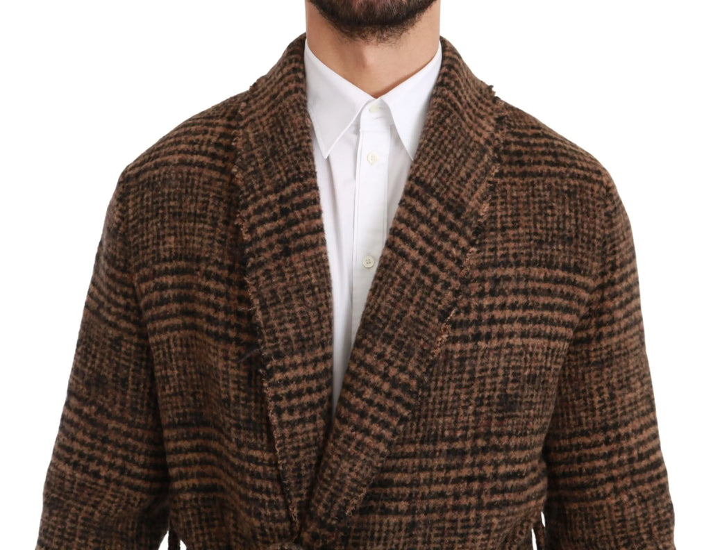 Dolce & Gabbana Brown Checkered Wool Robe Coat  Wrap Jacket - Zeiniez