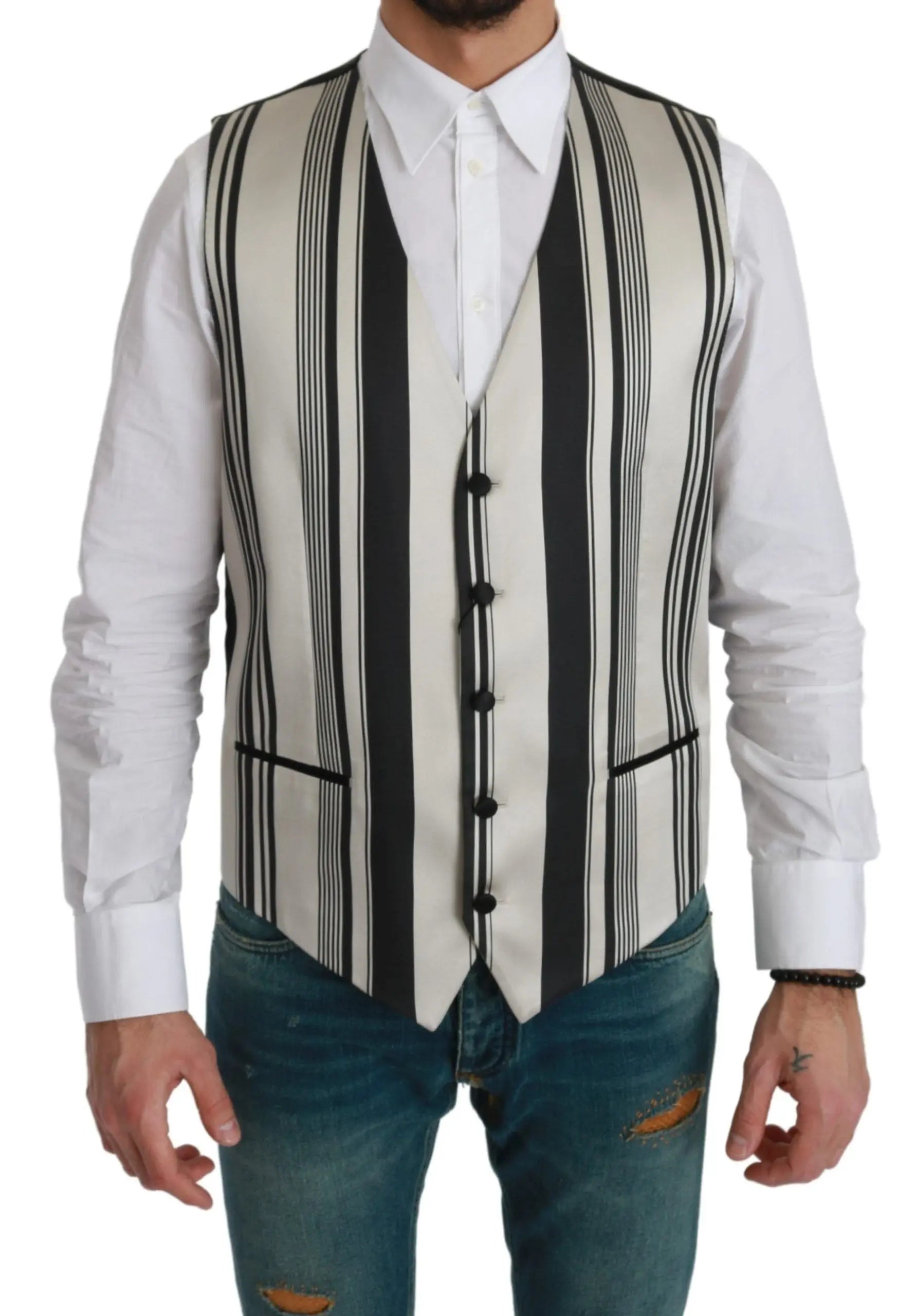 Dolce & Gabbana White Black Stripes Waistcoat Formal Vest - Zeiniez