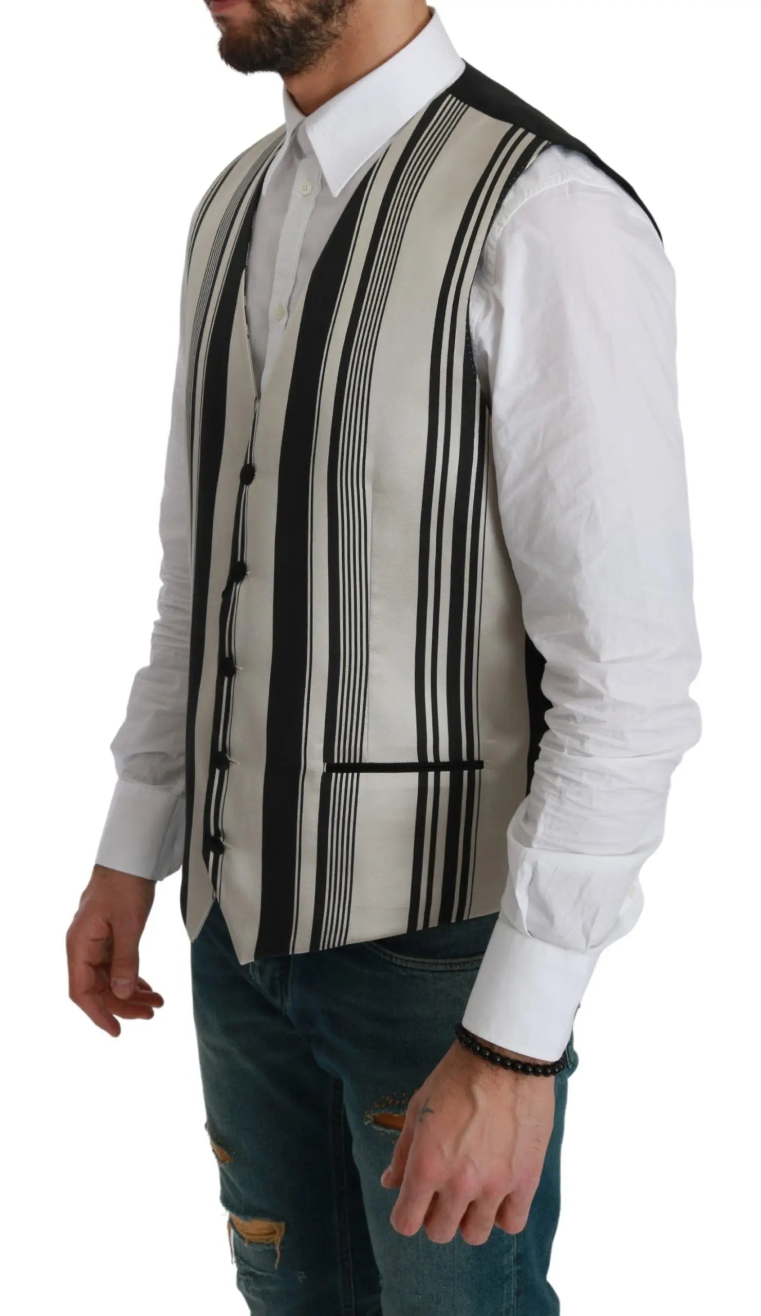 Dolce & Gabbana White Black Stripes Waistcoat Formal Vest - Zeiniez