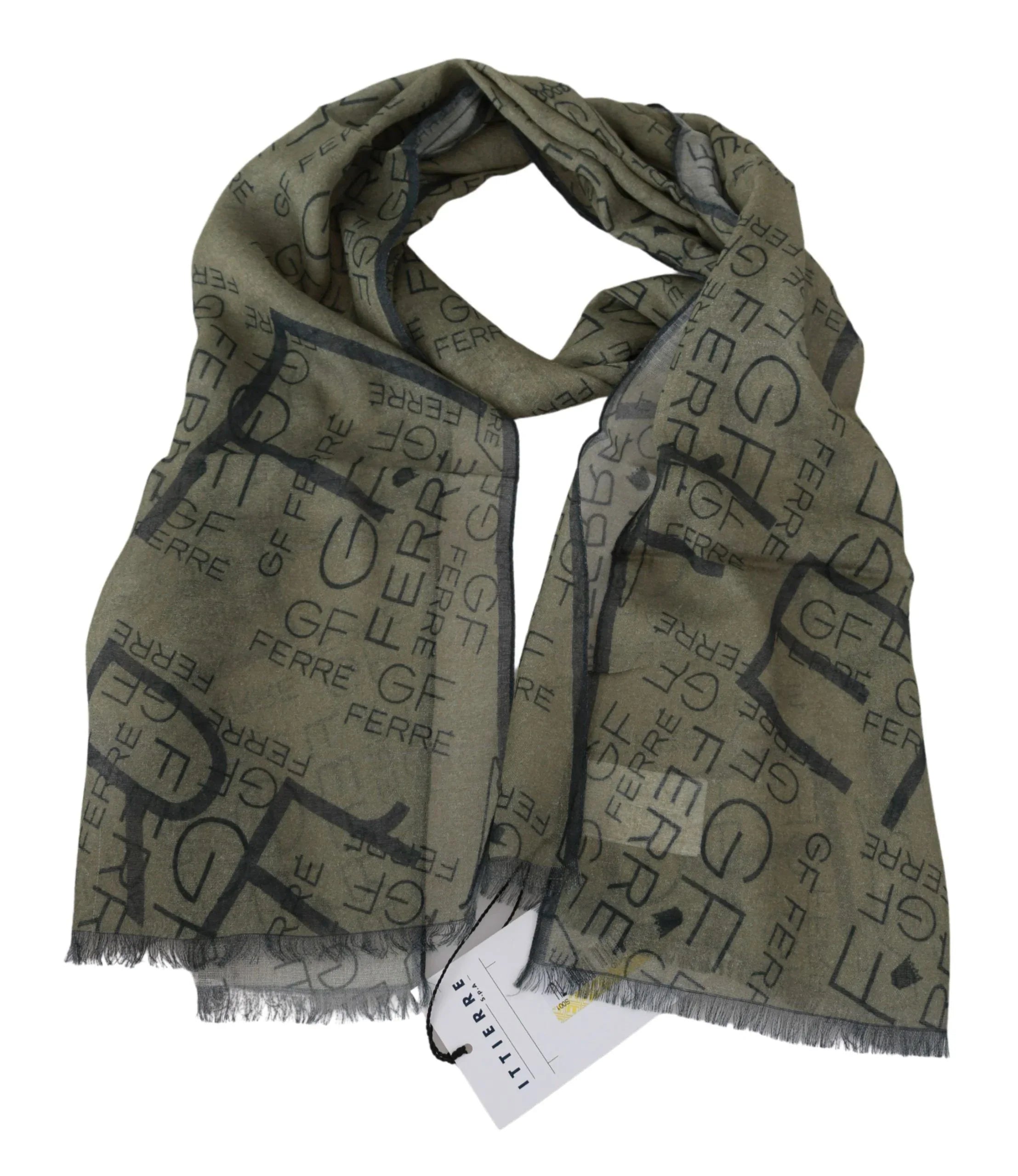 GF Ferre Green Wool Viscose Foulard Patterned Branded Scarf - Zeiniez