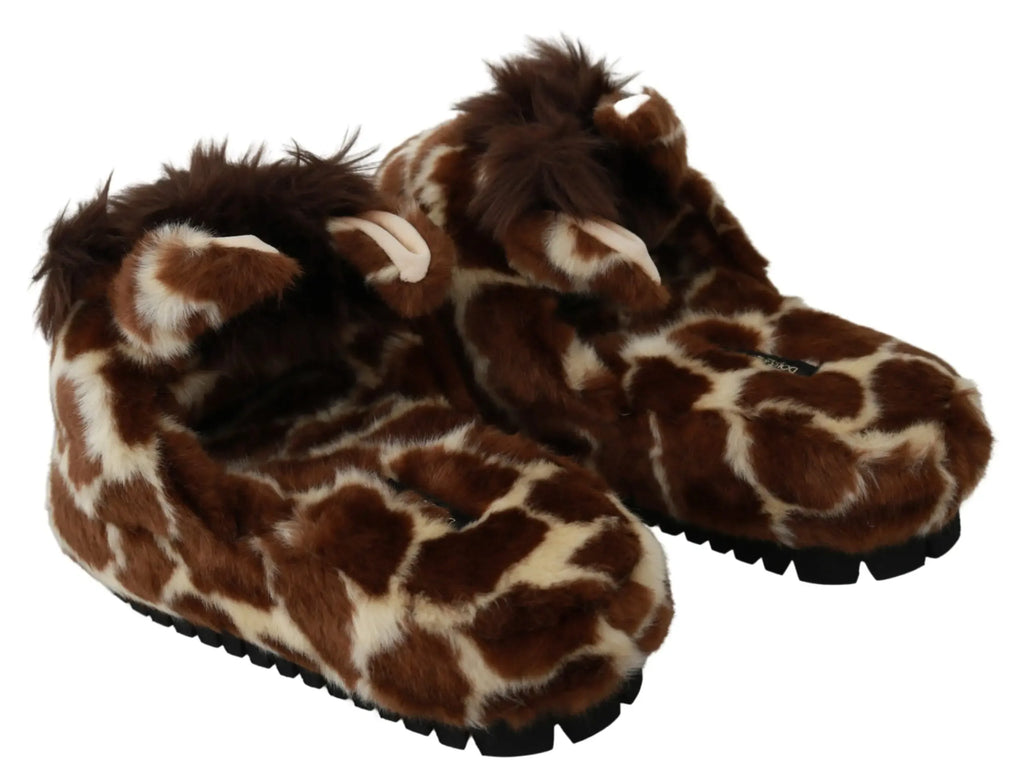 Dolce & Gabbana Brown Giraffe Slippers Flats Sandals Shoes - Zeiniez