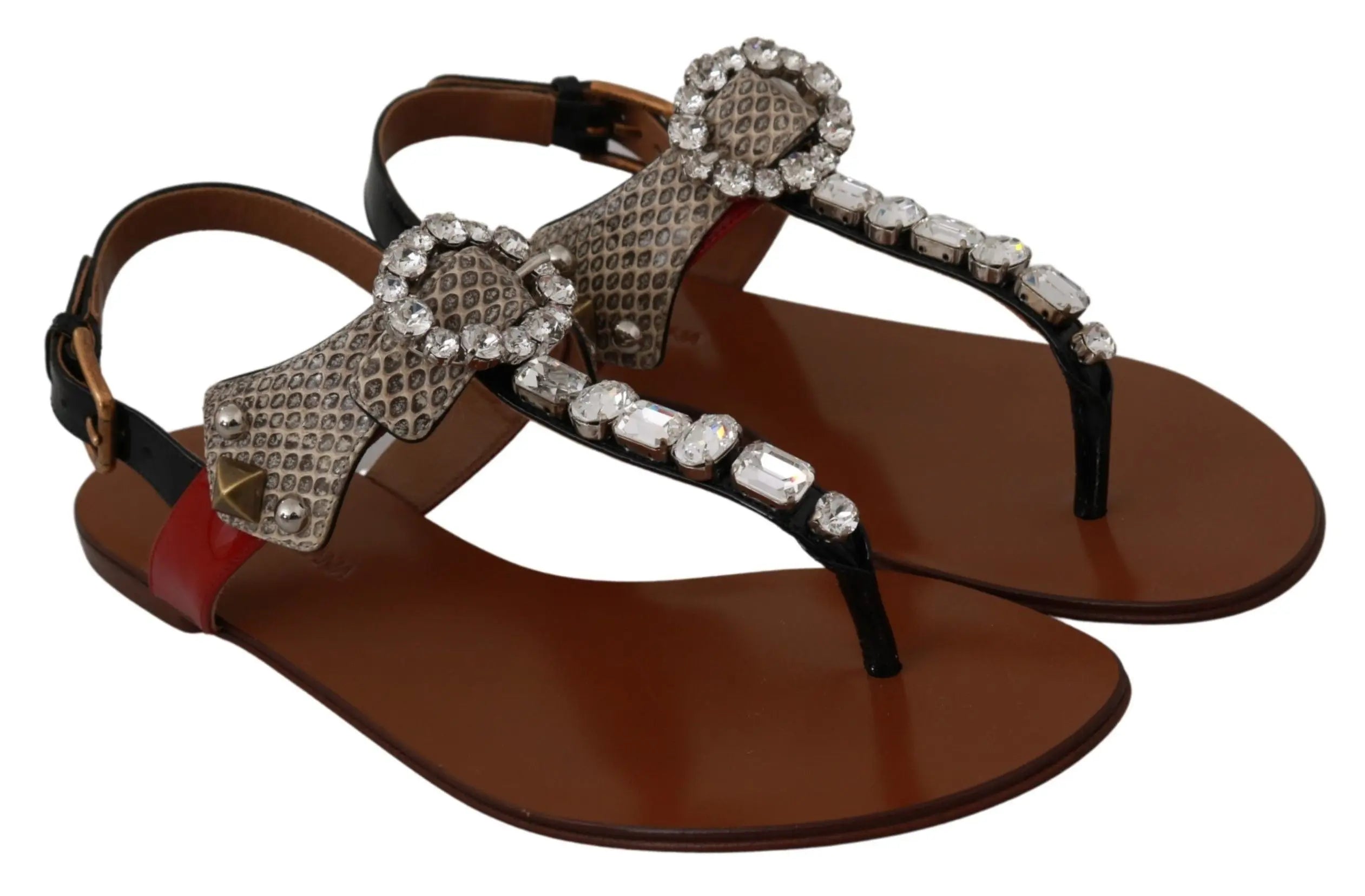 Dolce & Gabbana Leather Ayers Crystal Sandals Flip Flops Shoes - Zeiniez
