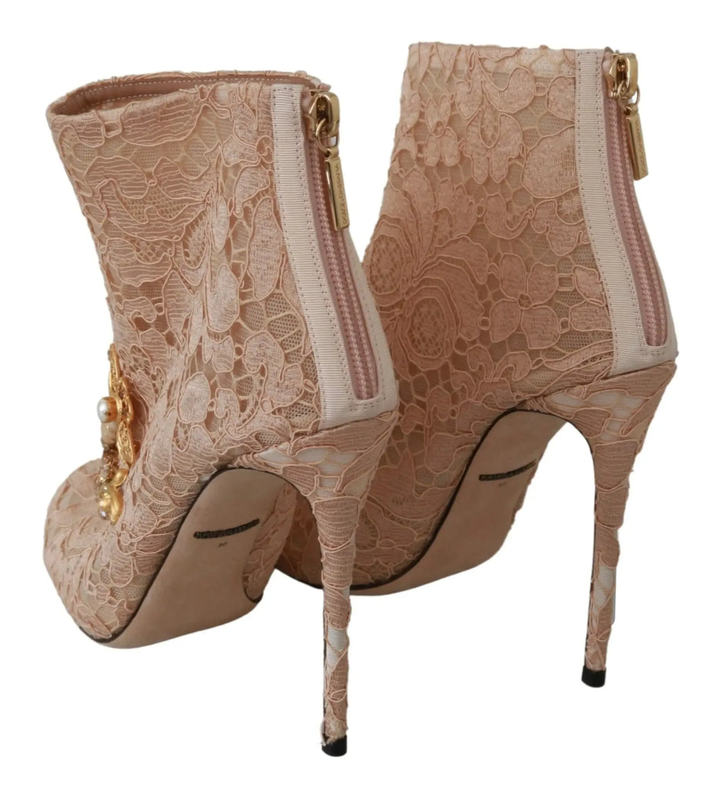 Dolce & Gabbana Pink Crystal Lace Booties Stilettos Shoes - Zeiniez
