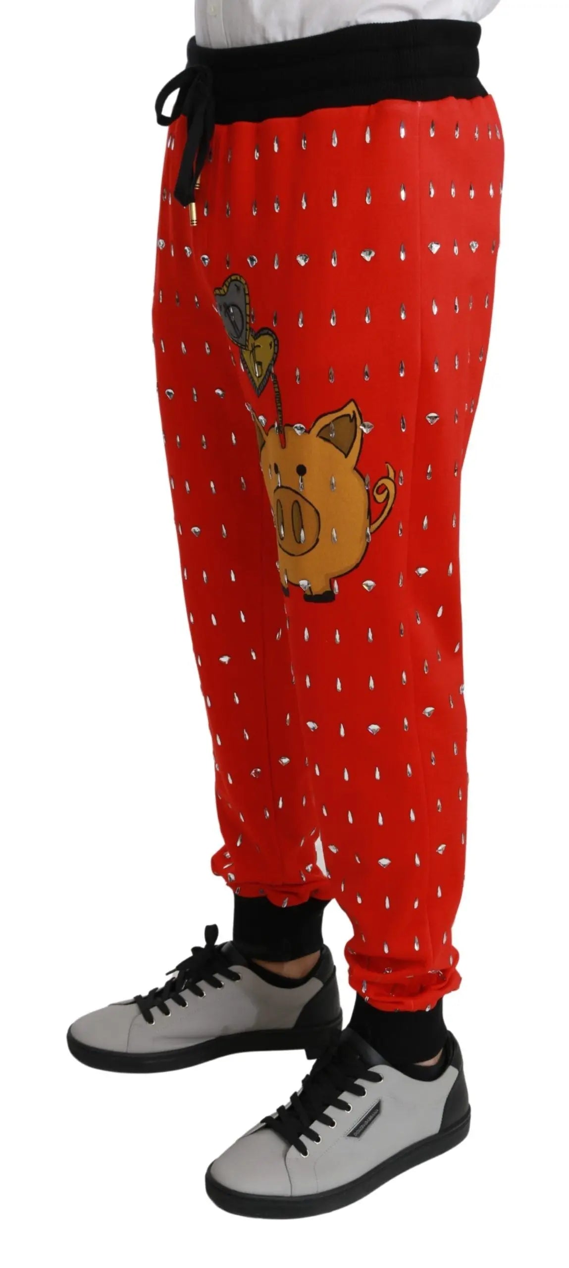 Dolce & Gabbana Red Piggy Bank Cotton Crystal Trousers Pants - Zeiniez