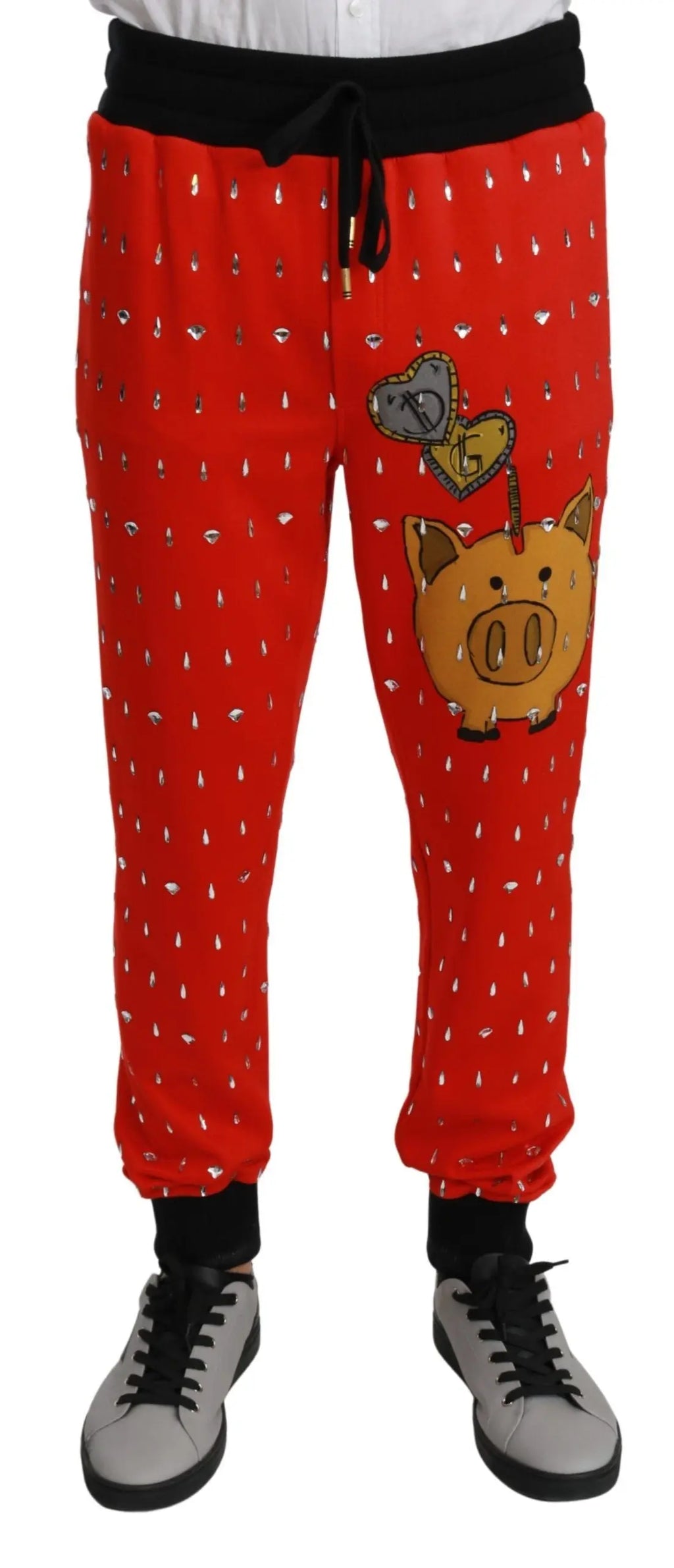 Dolce & Gabbana Red Piggy Bank Cotton Crystal Trousers Pants - Zeiniez