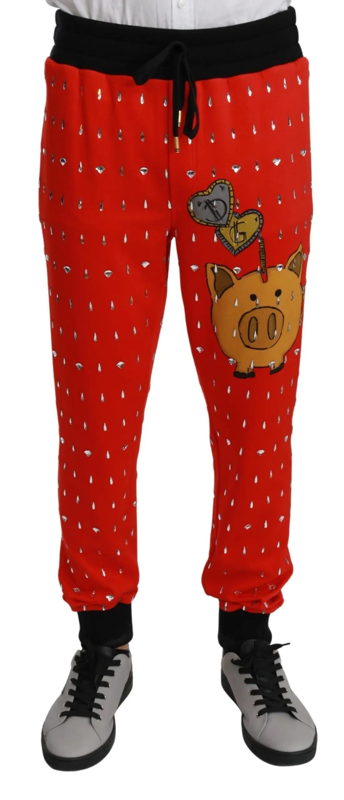 Dolce & Gabbana Red Piggy Bank Cotton Crystal Trousers Pants - Zeiniez