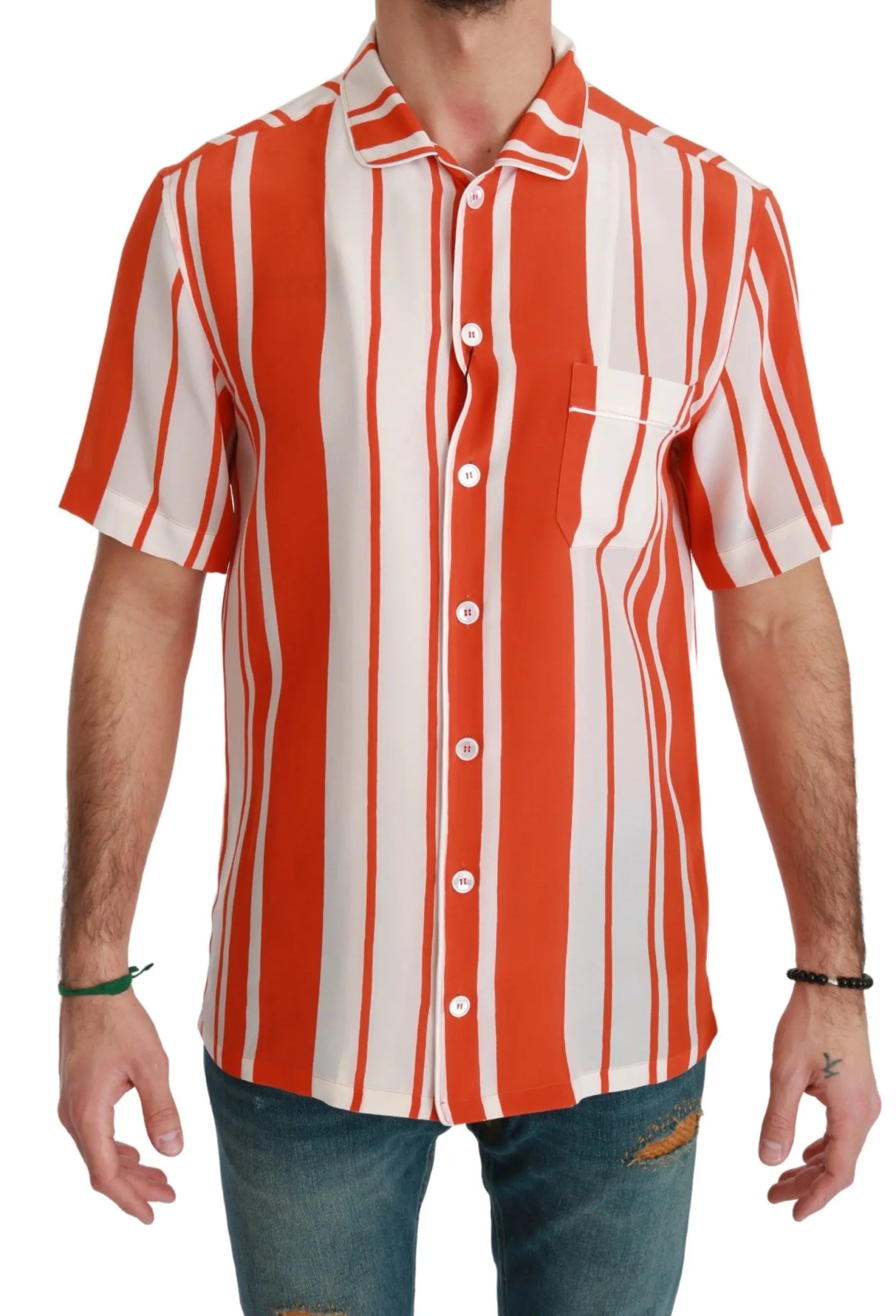 Dolce & Gabbana Orange Silk Striped Short Sleeve White Shirt - Zeiniez