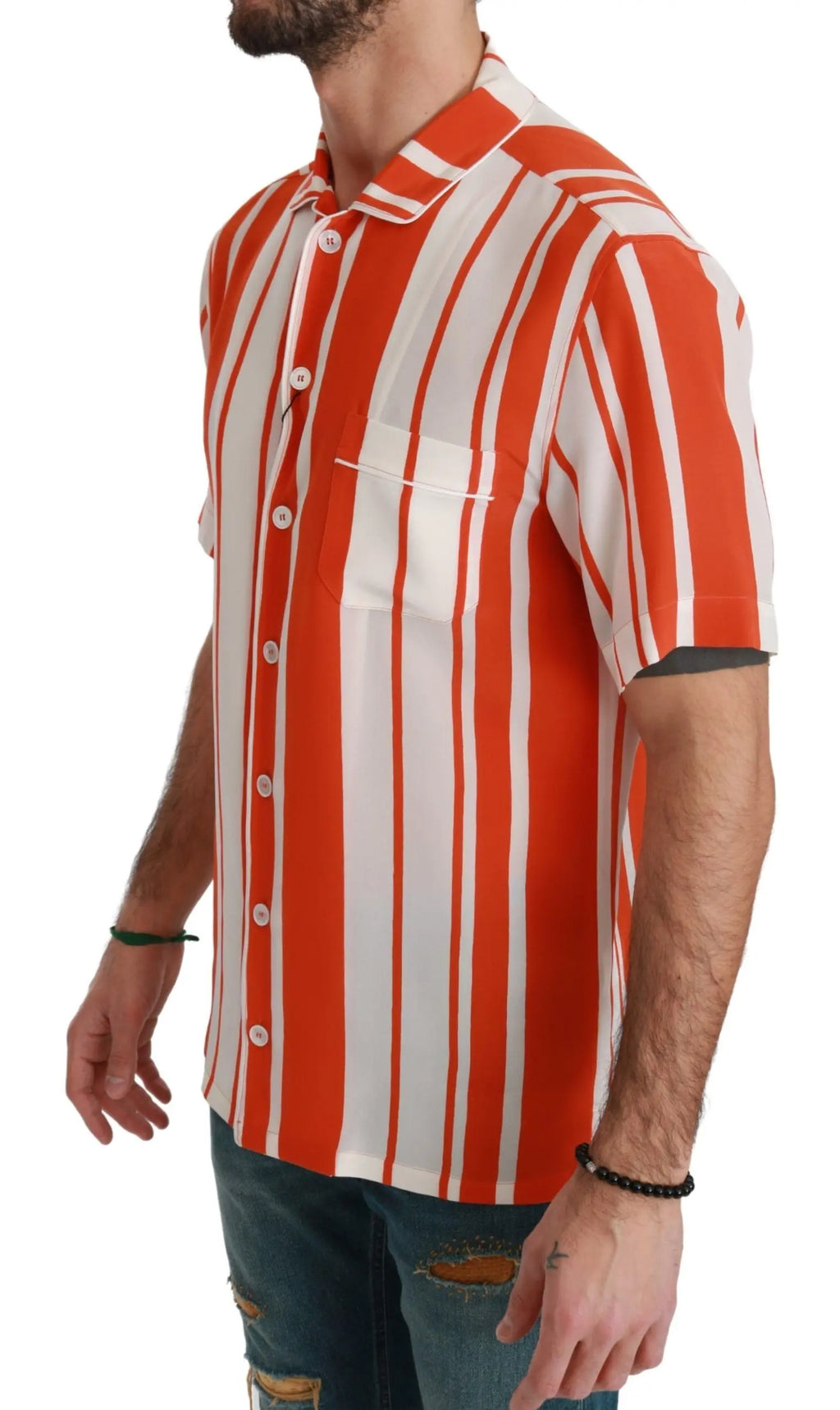 Dolce & Gabbana Orange Silk Striped Short Sleeve White Shirt - Zeiniez