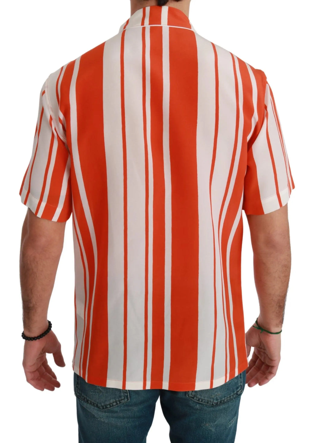 Dolce & Gabbana Orange Silk Striped Short Sleeve White Shirt - Zeiniez