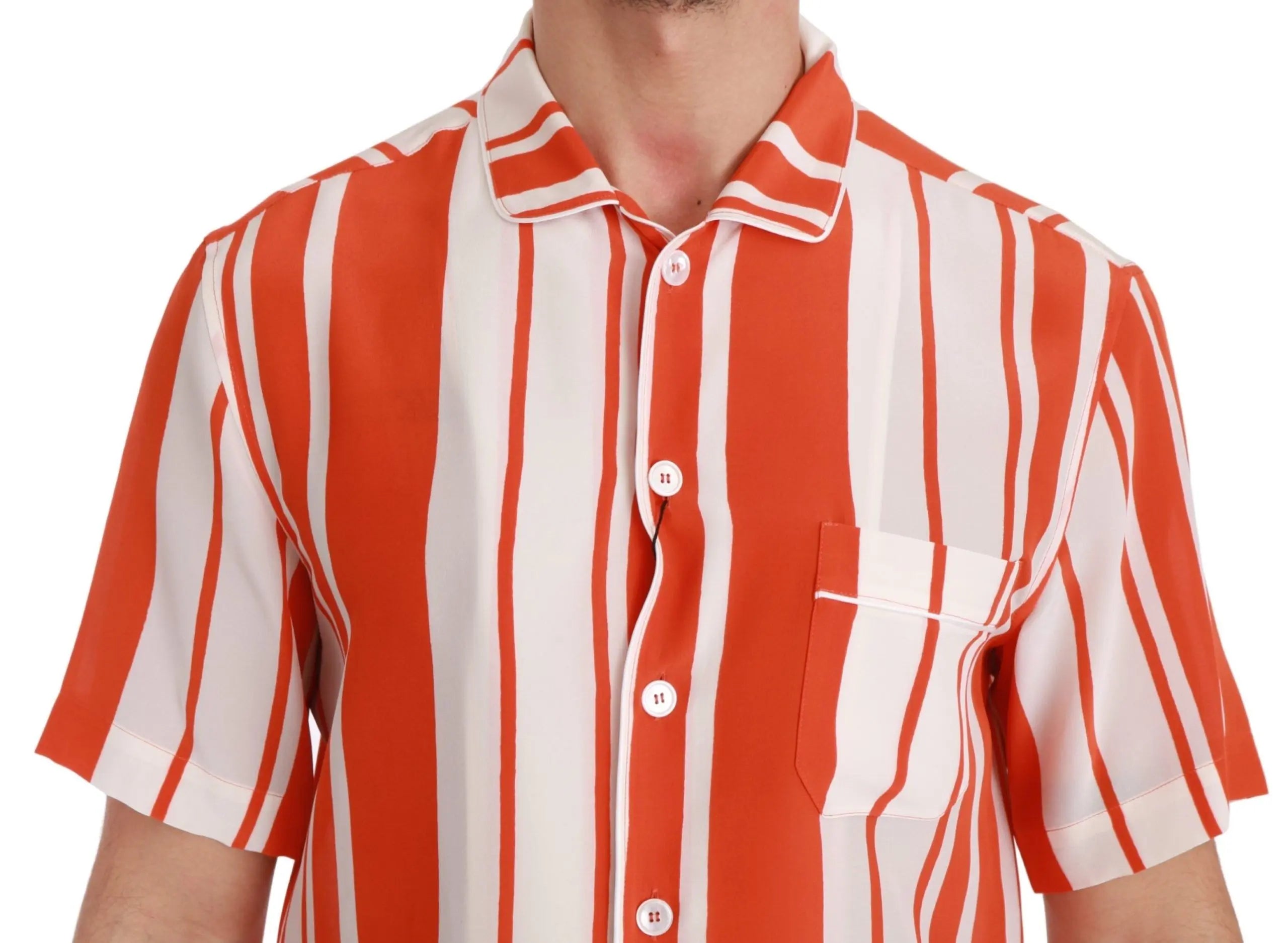 Dolce & Gabbana Orange Silk Striped Short Sleeve White Shirt - Zeiniez
