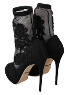 Dolce & Gabbana Black Roses Stilettos Booties Socks Shoes - Zeiniez