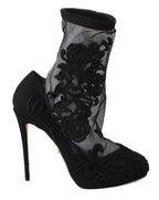 Dolce & Gabbana Black Roses Stilettos Booties Socks Shoes - Zeiniez