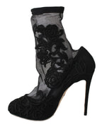 Dolce & Gabbana Black Roses Stilettos Booties Socks Shoes - Zeiniez