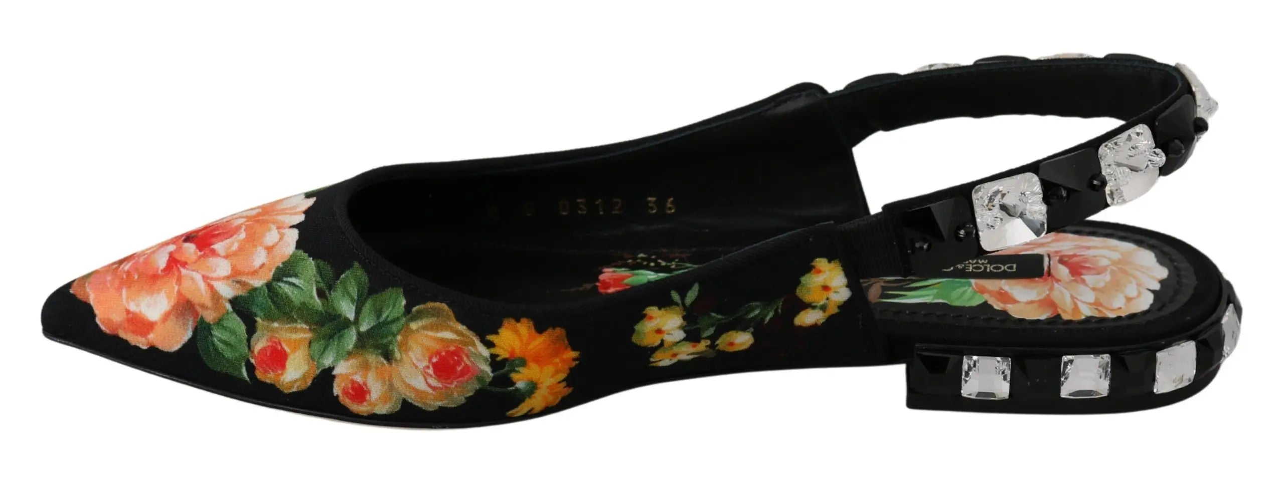 Dolce & Gabbana Black Floral Crystal Slingbacks Flats Shoes - Zeiniez