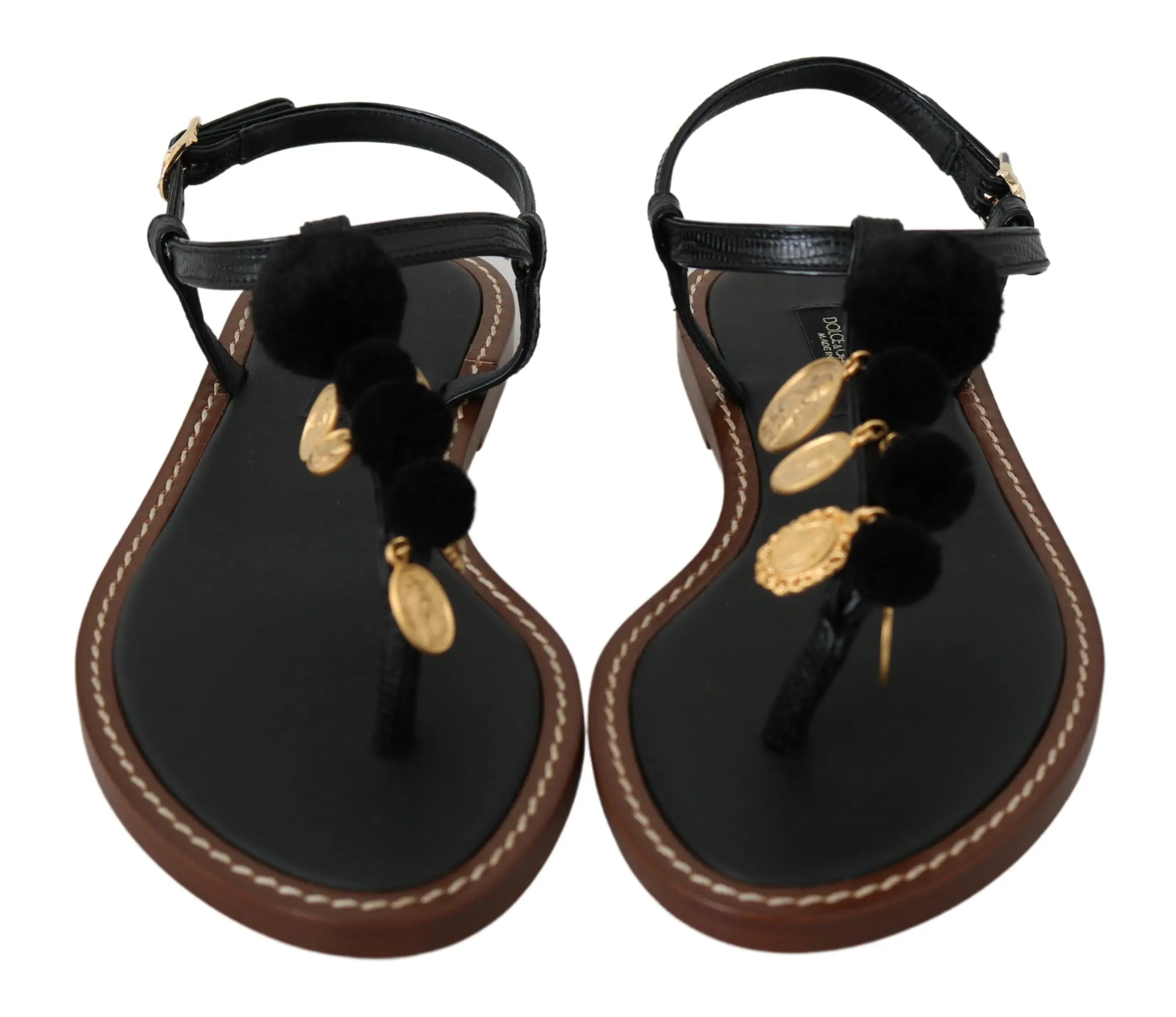 Dolce & Gabbana Black Leather Coins Flip Flops Sandals Shoes - Zeiniez