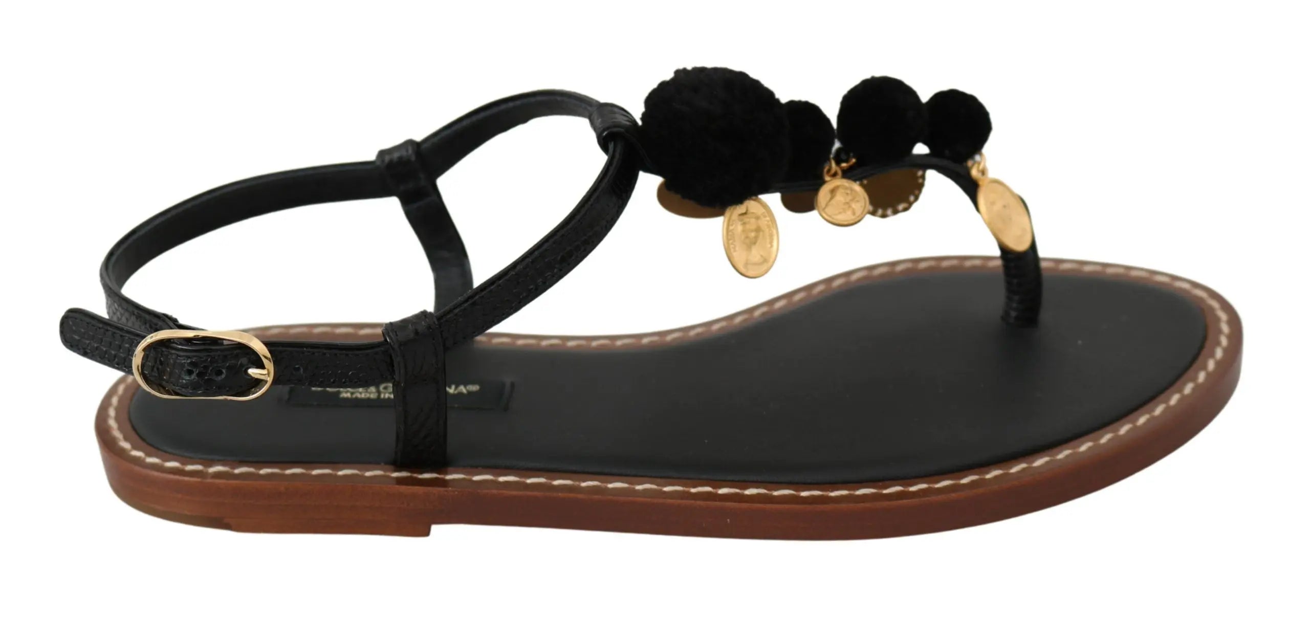 Dolce & Gabbana Black Leather Coins Flip Flops Sandals Shoes - Zeiniez