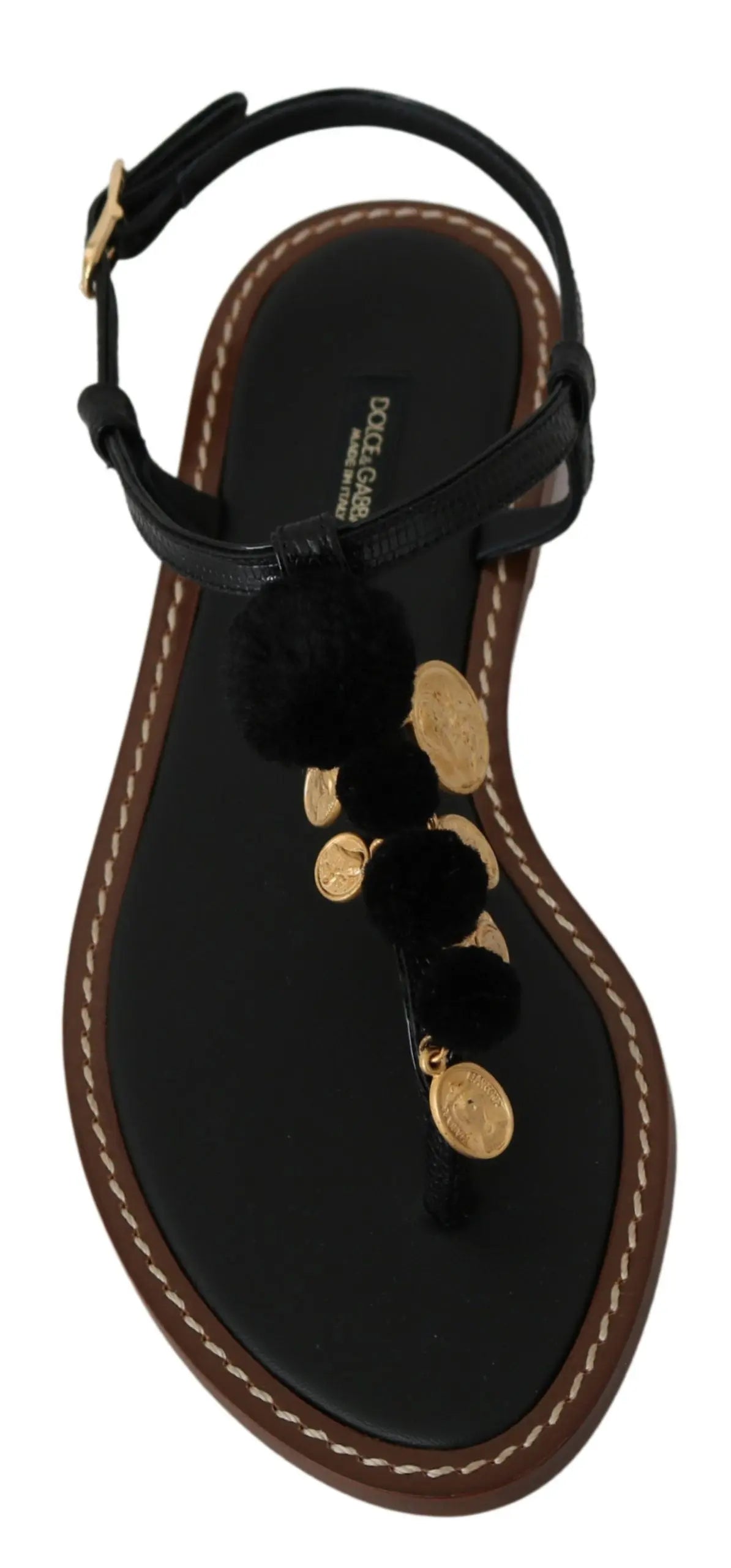 Dolce & Gabbana Black Leather Coins Flip Flops Sandals Shoes - Zeiniez