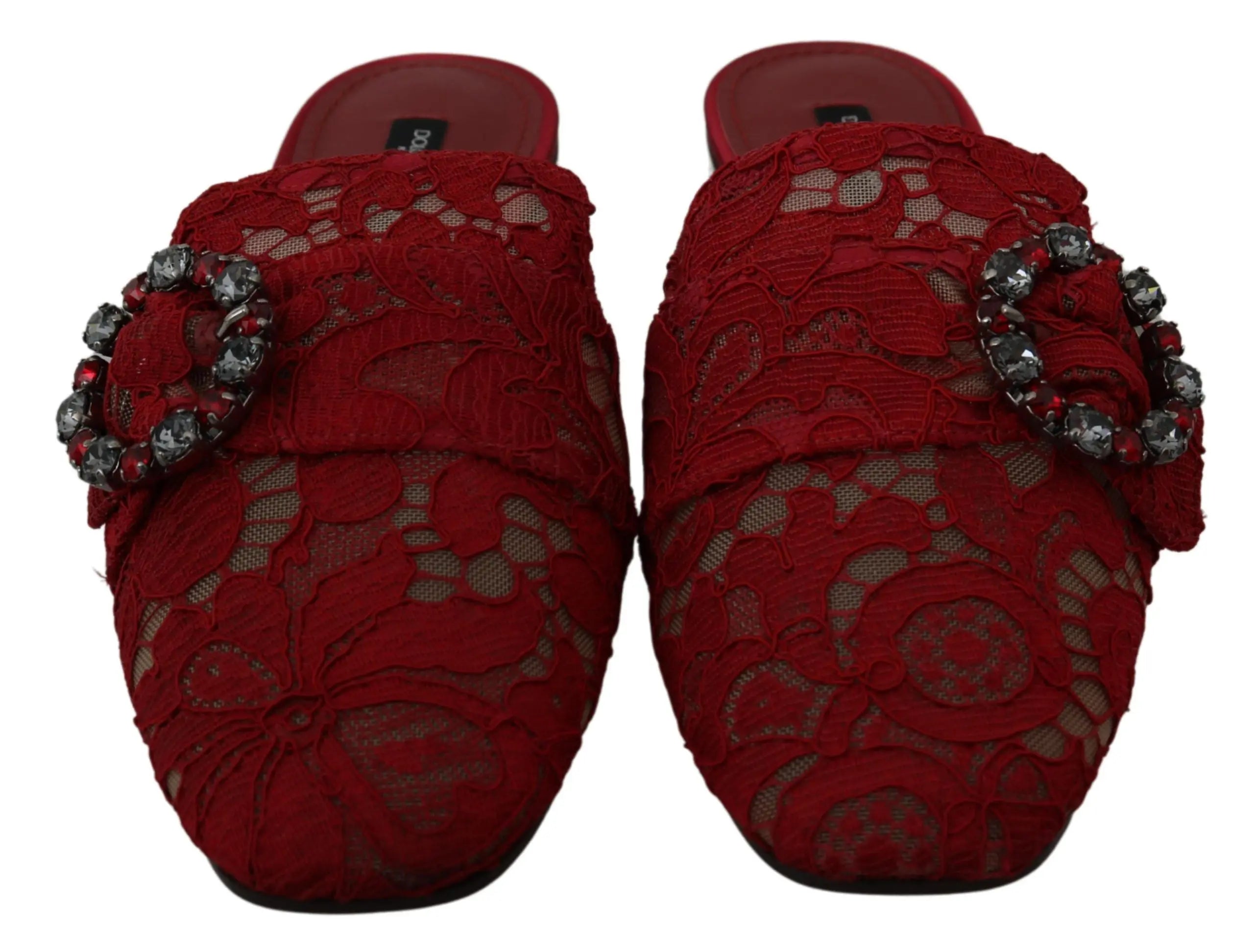 Dolce & Gabbana Red Lace Crystal Slide On Flats Shoes - Zeiniez