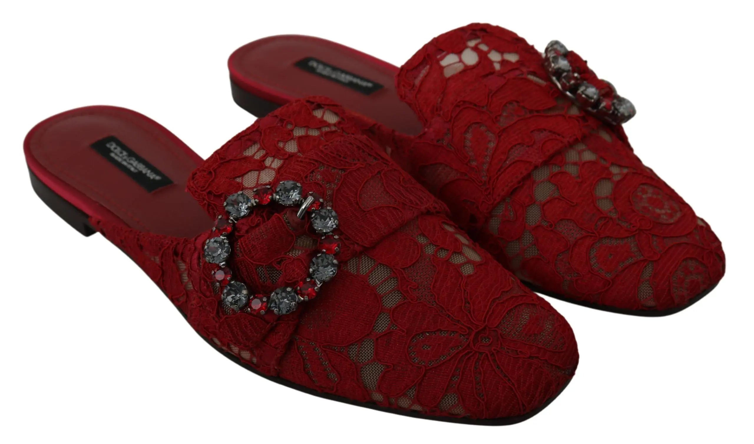 Dolce & Gabbana Red Lace Crystal Slide On Flats Shoes - Zeiniez