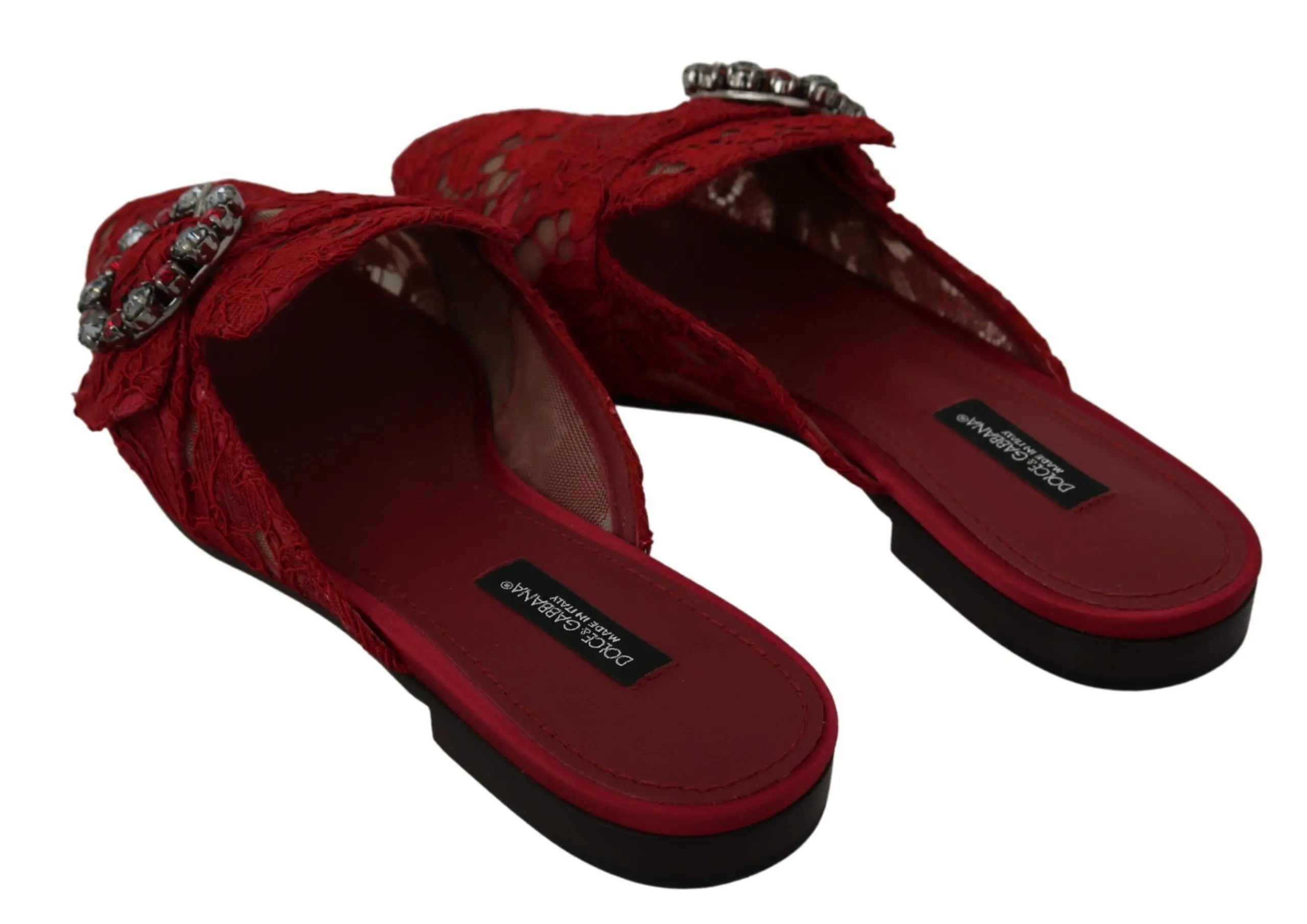 Dolce & Gabbana Red Lace Crystal Slide On Flats Shoes - Zeiniez
