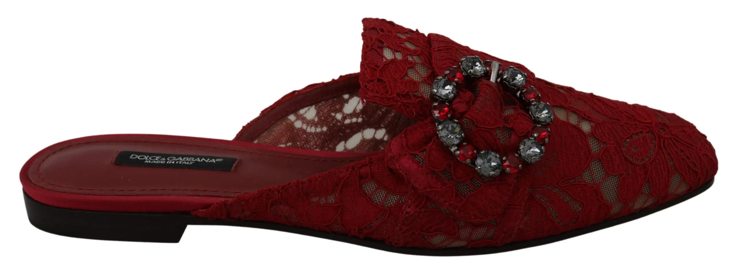 Dolce & Gabbana Red Lace Crystal Slide On Flats Shoes - Zeiniez