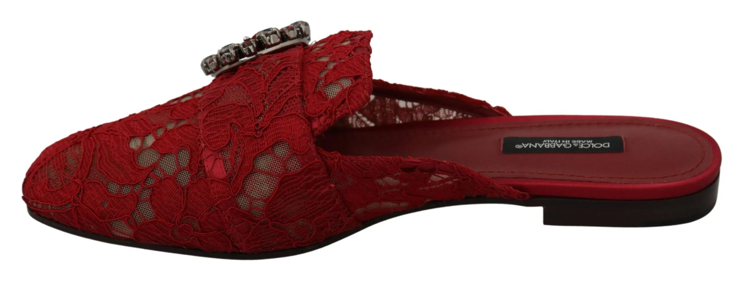 Dolce & Gabbana Red Lace Crystal Slide On Flats Shoes - Zeiniez
