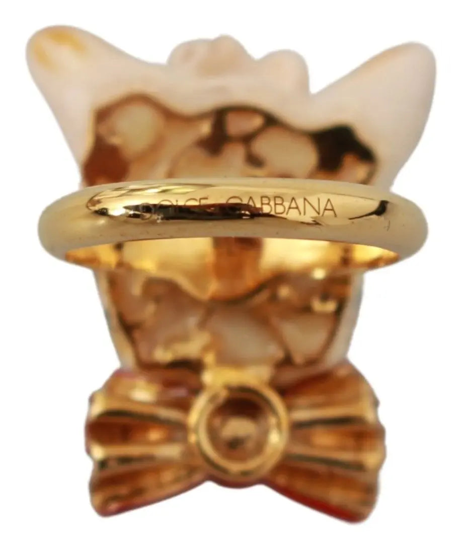 Dolce & Gabbana Gold Brass Resin Beige Dog Pet Branded Accessory Ring - Zeiniez