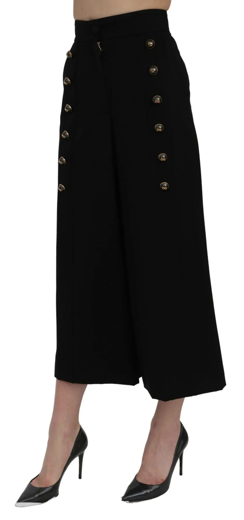 Dolce & Gabbana Black High Waist Wide Leg Cropped Pants - Zeiniez