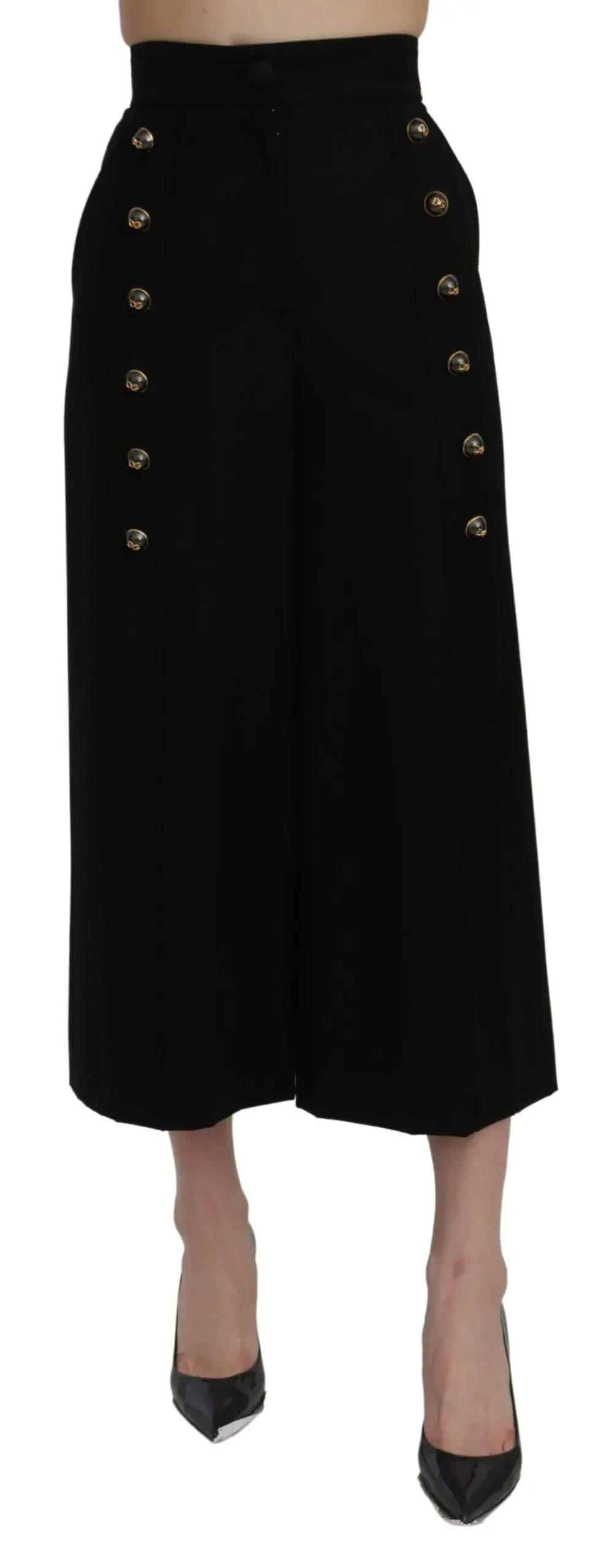Dolce & Gabbana Black High Waist Wide Leg Cropped Pants - Zeiniez