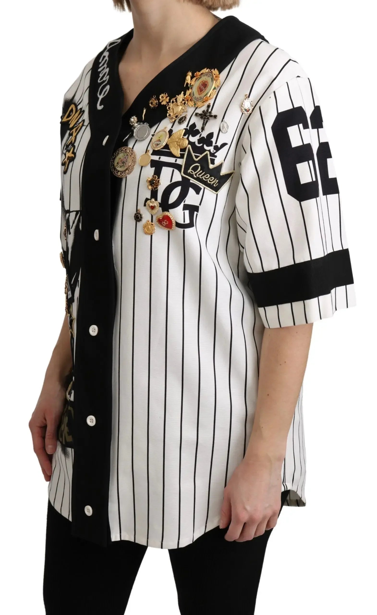 Dolce & Gabbana White and black Blouse Cotton Crystal Charms Amore Shirt - Zeiniez