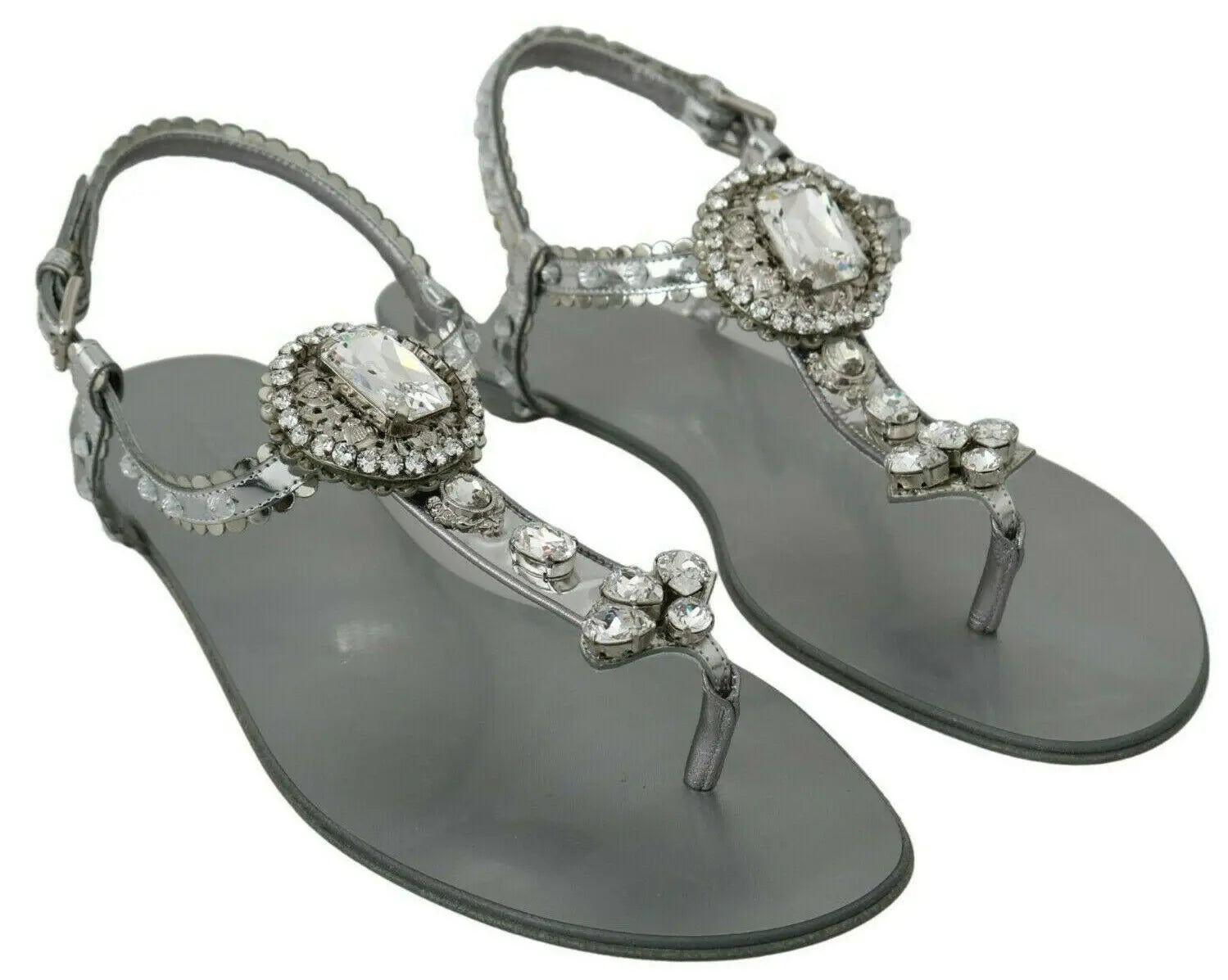 Dolce & Gabbana Silver Crystal Sandals Flip Flops Shoes - Zeiniez