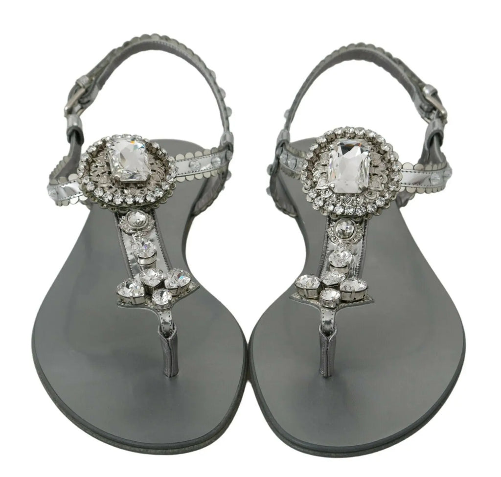 Dolce & Gabbana Silver Crystal Sandals Flip Flops Shoes - Zeiniez