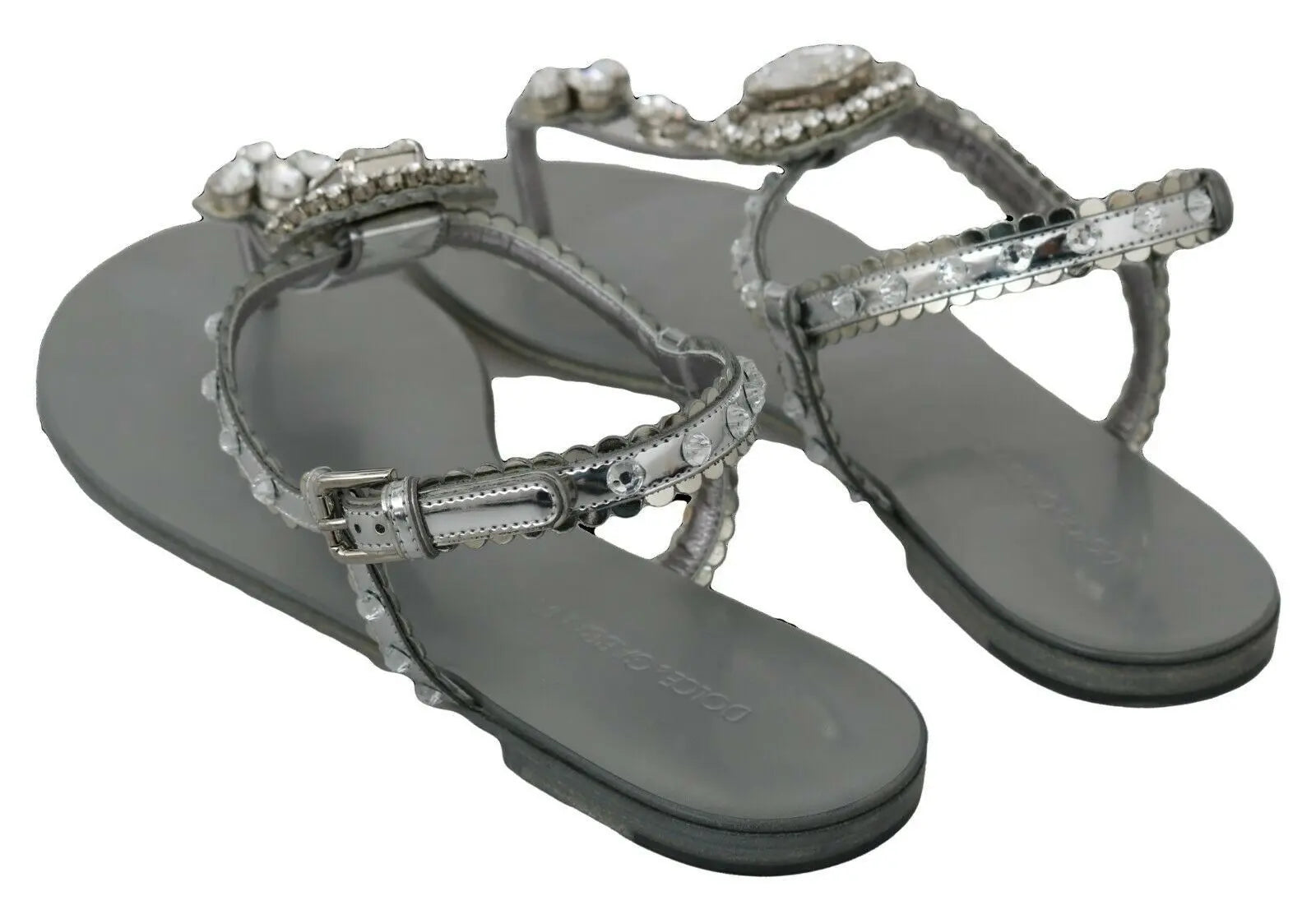 Dolce & Gabbana Silver Crystal Sandals Flip Flops Shoes - Zeiniez