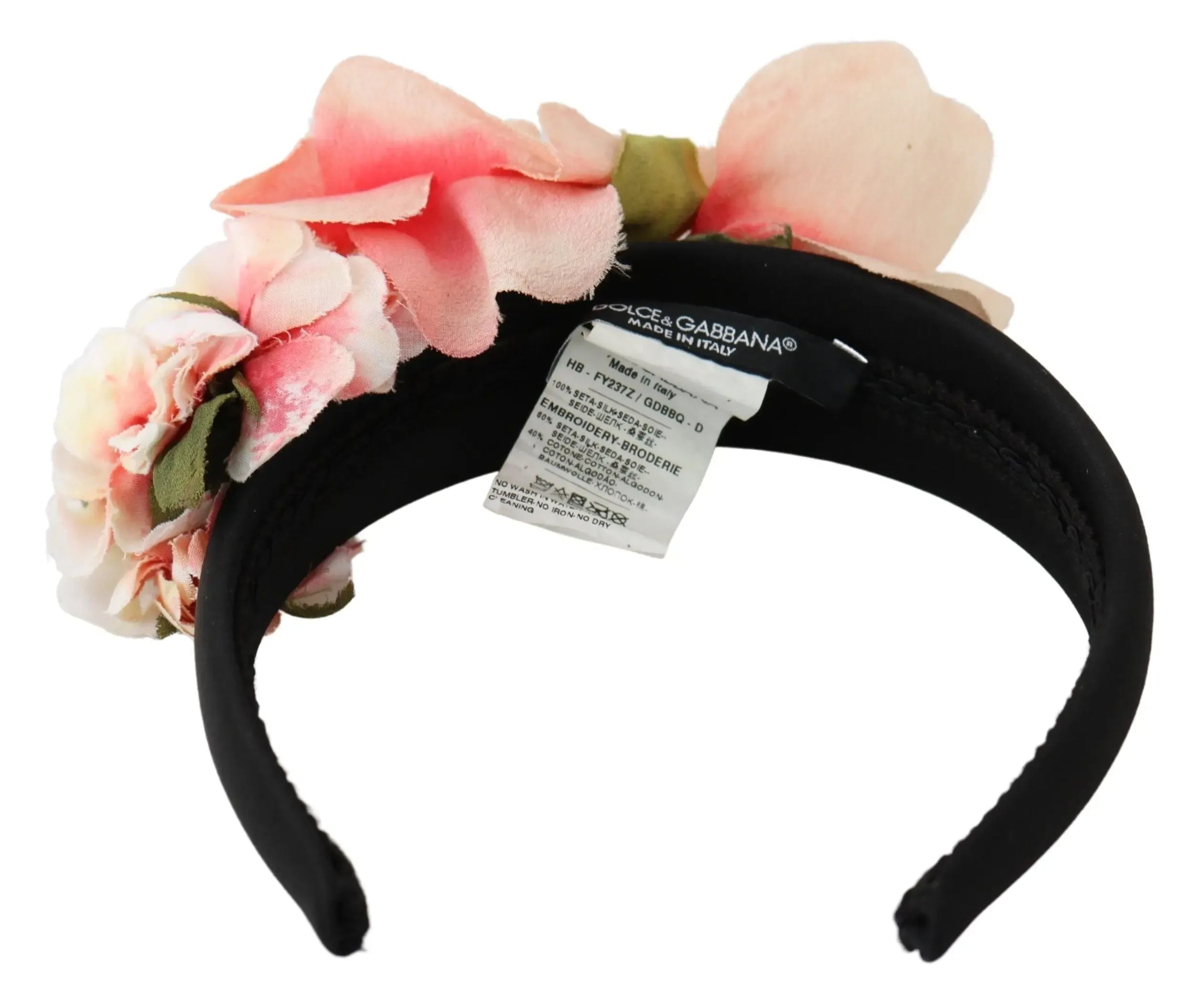 Dolce & Gabbana Pink Silk Black Floral Headband Logo Diadem - Zeiniez
