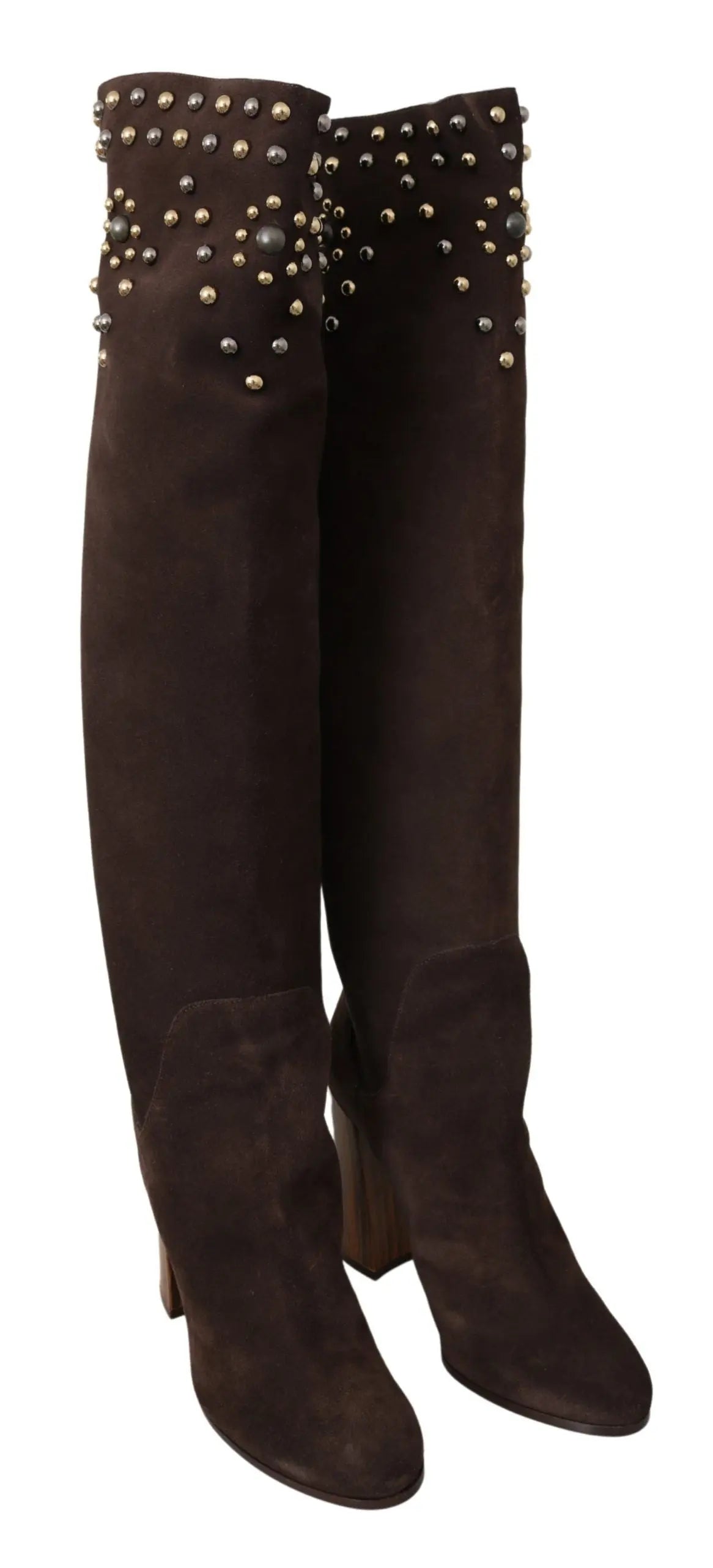 Dolce & Gabbana Brown Suede Studded Knee High Shoes Boots - Zeiniez