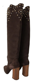 Dolce & Gabbana Brown Suede Studded Knee High Shoes Boots - Zeiniez
