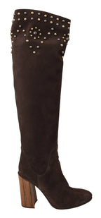 Dolce & Gabbana Brown Suede Studded Knee High Shoes Boots - Zeiniez
