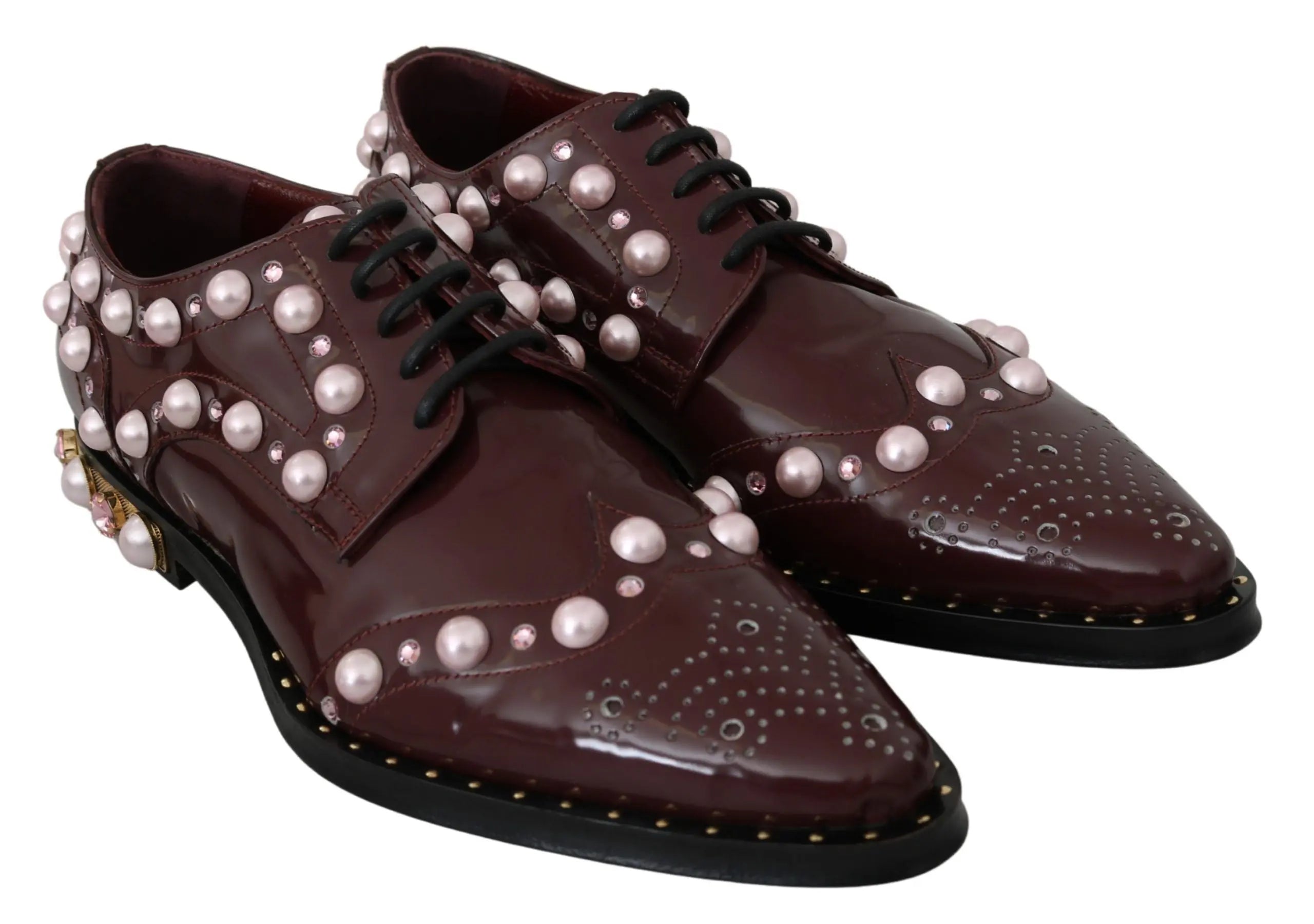 Dolce & Gabbana Bordeaux Leather Crystal Pearls Formal Shoes - Zeiniez