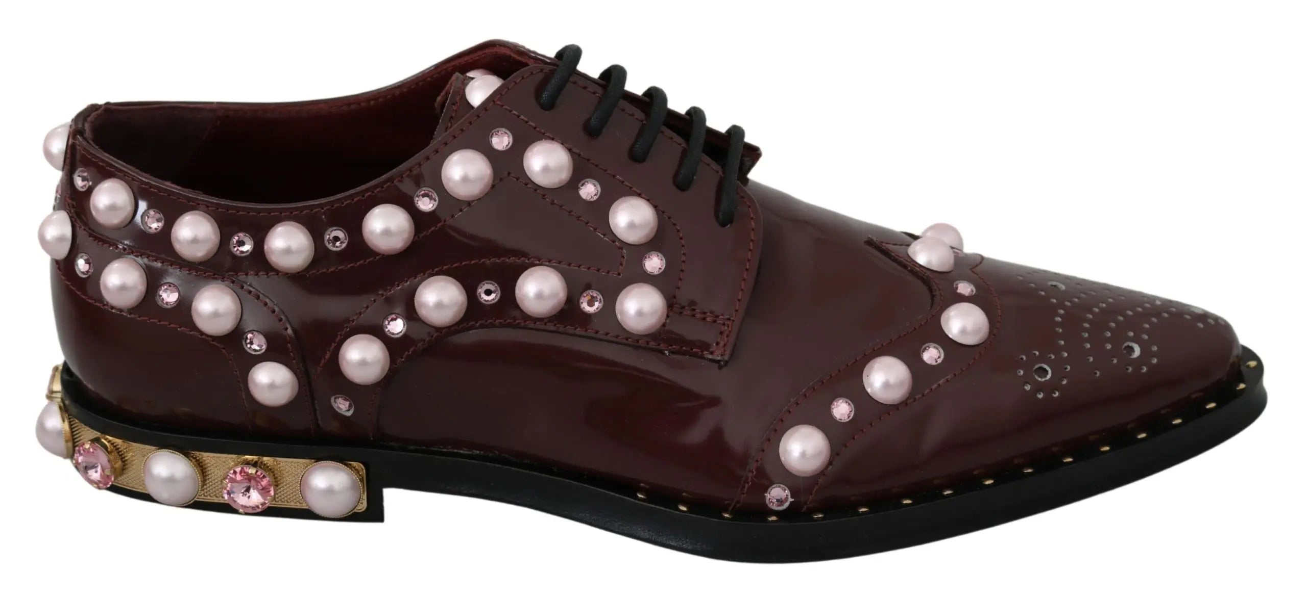 Dolce & Gabbana Bordeaux Leather Crystal Pearls Formal Shoes - Zeiniez