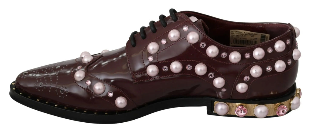 Dolce & Gabbana Bordeaux Leather Crystal Pearls Formal Shoes - Zeiniez