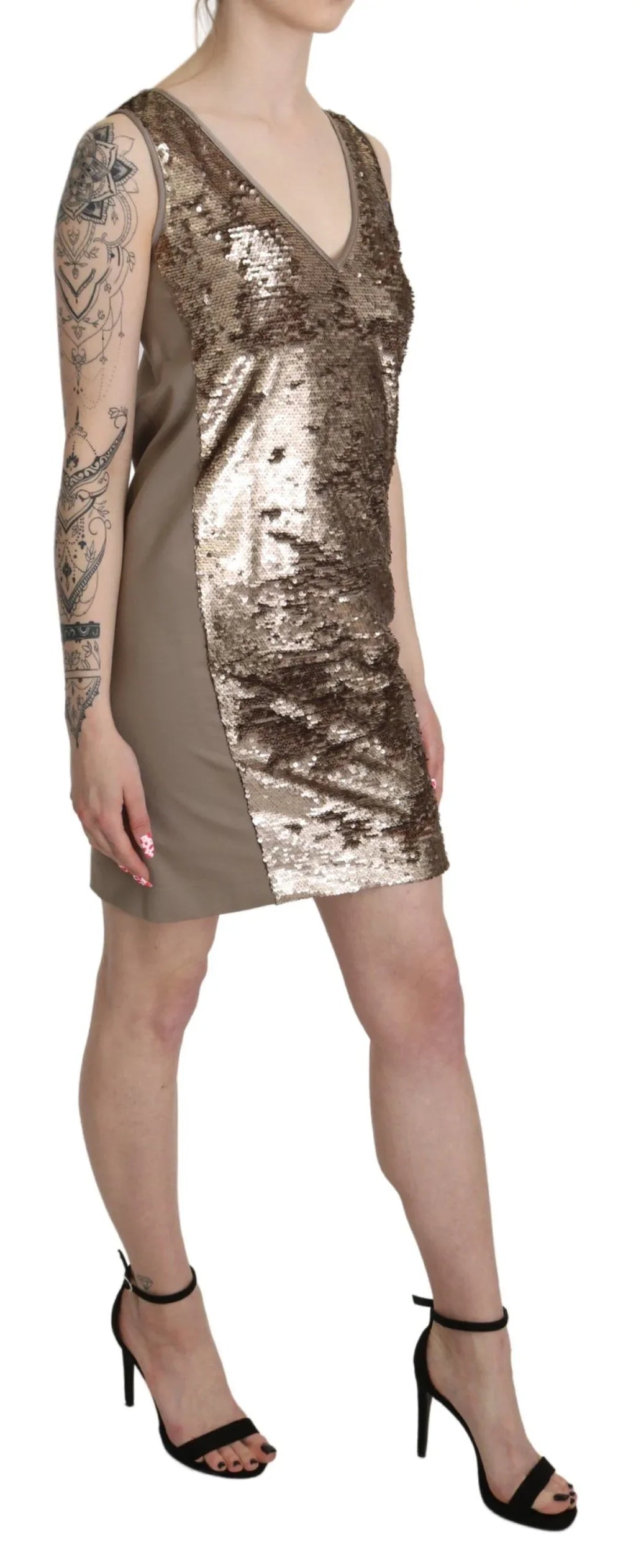 Liu Jo Brown Sequined V-neck Sleeveless Sheath Mini Dress - Zeiniez