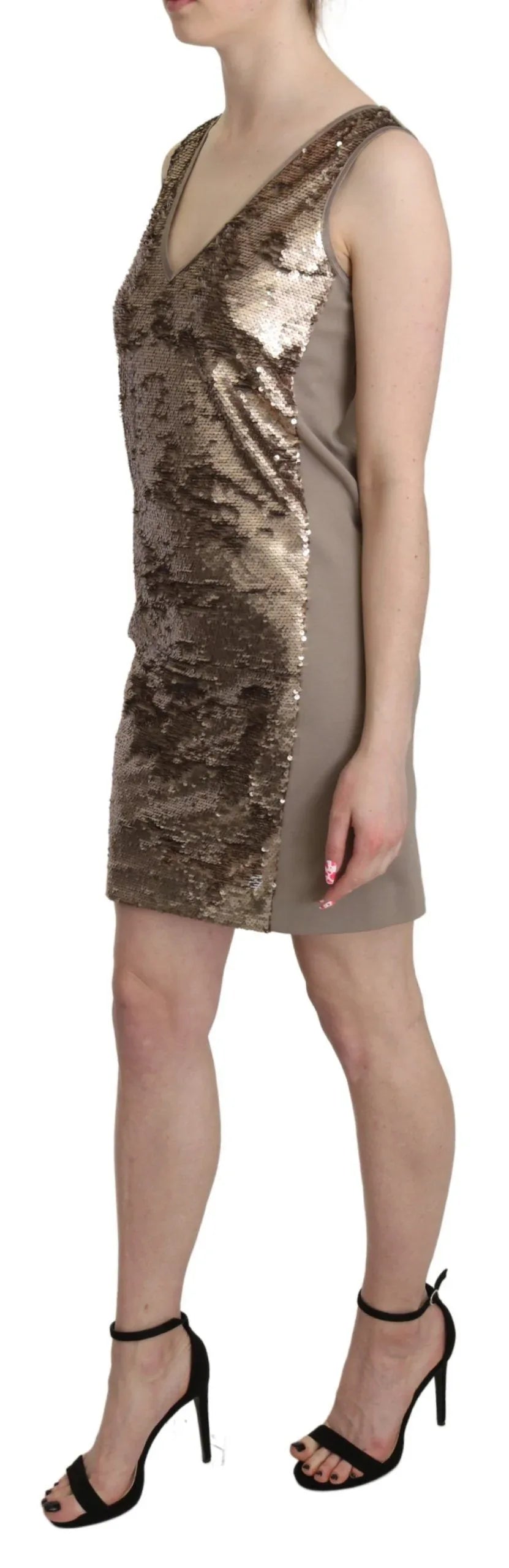 Liu Jo Brown Sequined V-neck Sleeveless Sheath Mini Dress - Zeiniez