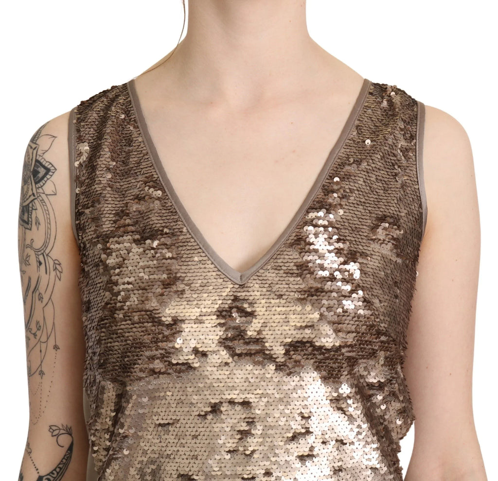 Liu Jo Brown Sequined V-neck Sleeveless Sheath Mini Dress - Zeiniez