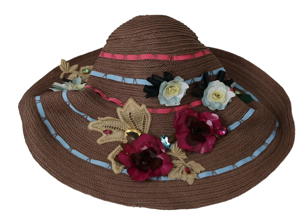 Dolce & Gabbana Brown Floral Wide Brim Straw Floppy Cap Hat - Zeiniez